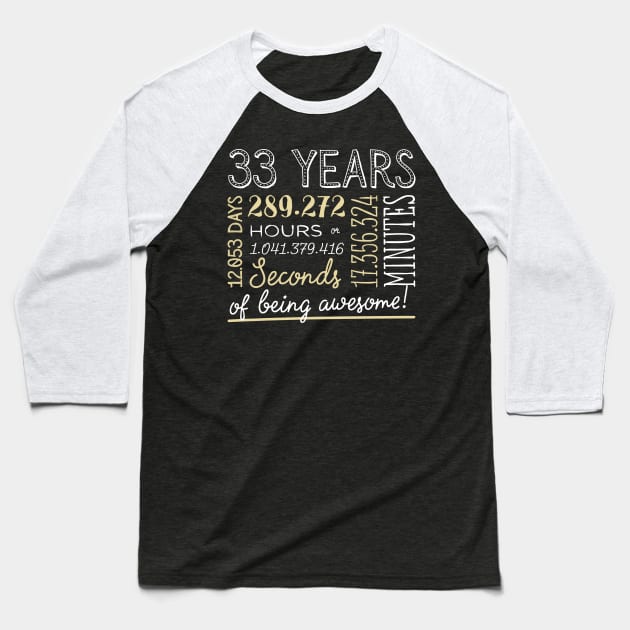 33rd Birthday Gifts - 33 Years of being Awesome in Hours & Seconds Baseball T-Shirt by BetterManufaktur